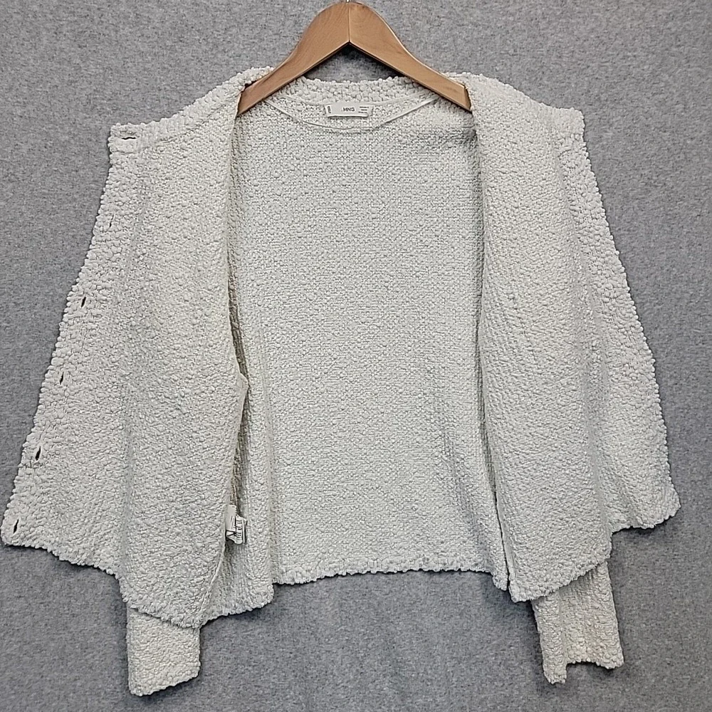 MANGO Womens XL Boucle Texture Knit Jewel Button‎ Cardigan Lady Sweater White